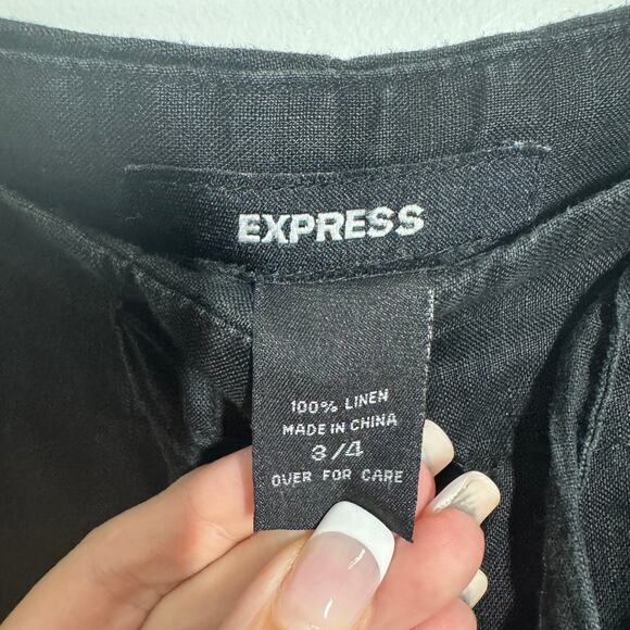 Express Pants Women 3/4 Black 100% Linen Wideleg Lagenlook Minimal Modest Coast - Picture 5 of 6